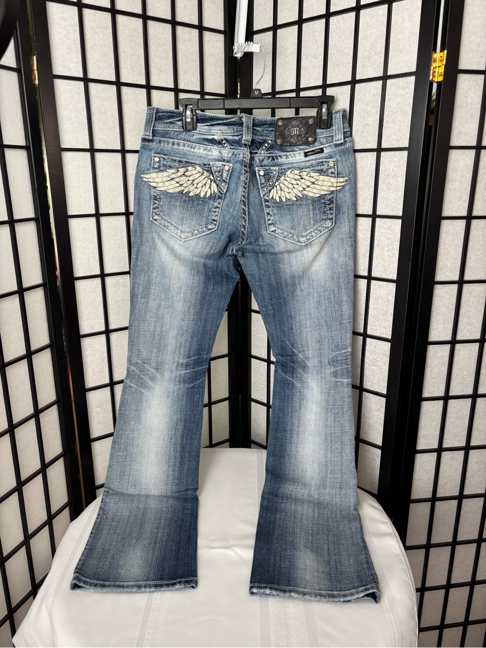 Miss Me Light Blue Flared Jeans with Wing Pocket Embroidery - Size 30x33